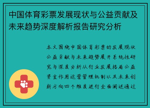 中国体育彩票发展现状与公益贡献及未来趋势深度解析报告研究分析